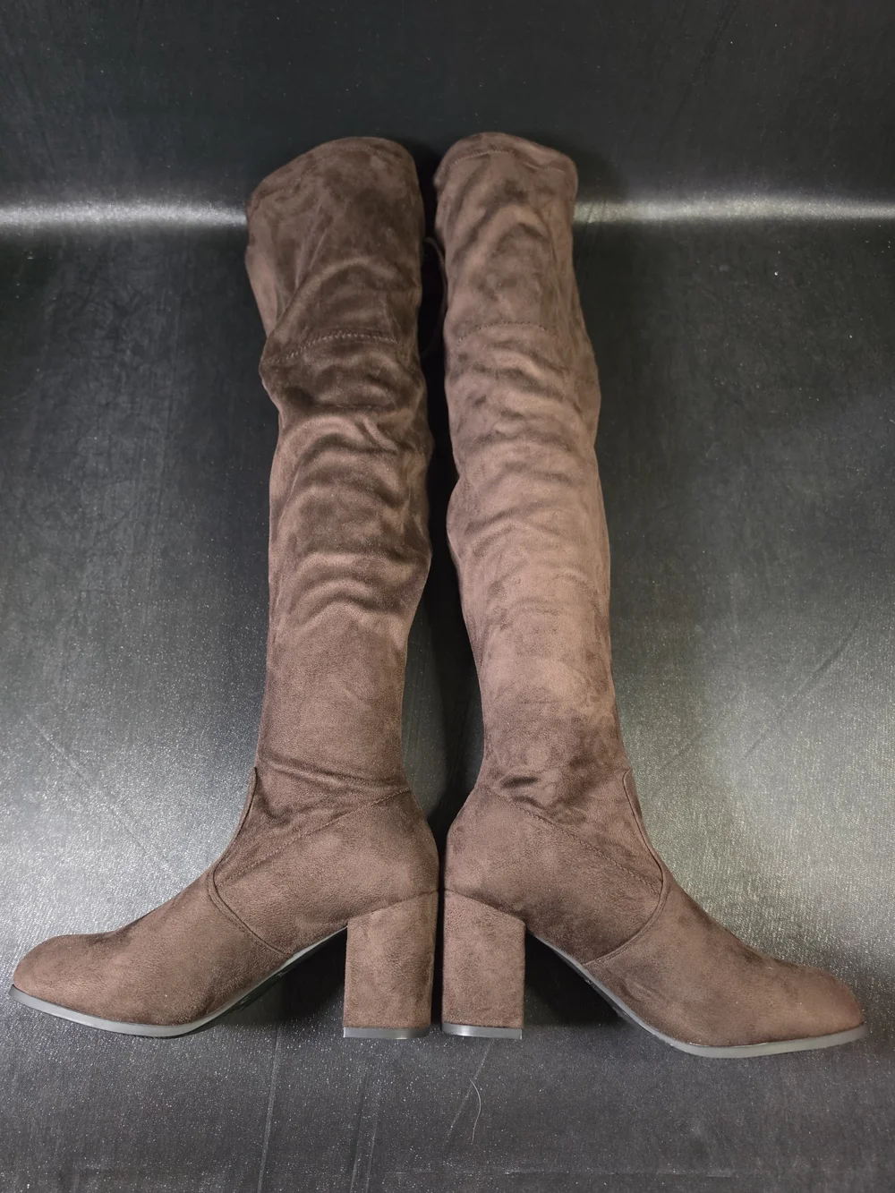 Womens Brown Over The Knee Boots Size 9 Block Heel Tie Back Stretch Thigh High